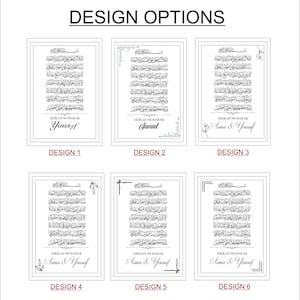 K&ouml;nnte beinhalten: Sechs verschiedene Designoptionen f&uuml;r einen druckbaren islamischen Kalligrafie-Kunstdruck. Die Designs zeigen eine schwarz-wei&szlig;e arabische Schrift mit verschiedenen dekorativen Rahmen und floralen Elementen. Der Text enth&auml;lt die W&ouml;rter "Akikah Mubarak" und "Nikkah Mubarak" gefolgt von Namen.