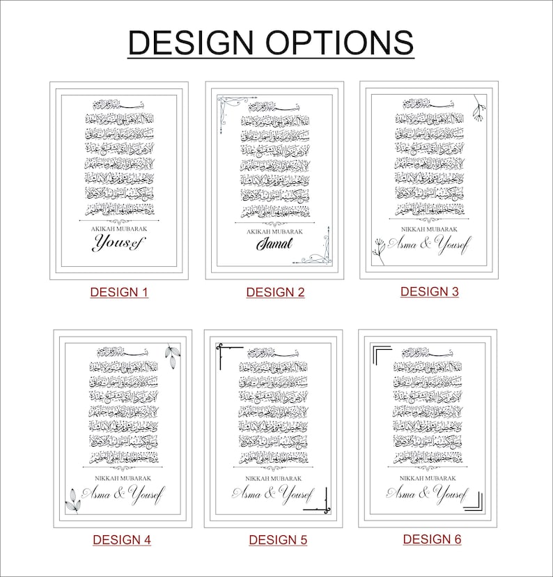 K&ouml;nnte beinhalten: Sechs verschiedene Designoptionen f&uuml;r einen druckbaren islamischen Kalligrafie-Kunstdruck. Die Designs zeigen eine schwarz-wei&szlig;e arabische Schrift mit verschiedenen dekorativen Rahmen und floralen Elementen. Der Text enth&auml;lt die W&ouml;rter "Akikah Mubarak" und "Nikkah Mubarak" gefolgt von Namen.