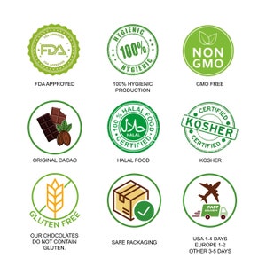 May include: A collection of green and brown circular seals and icons. The seals include "FDA Approved", "100% Hygienic Production", "GMO Free", "Original Cacao", "Halal Food", "Kosher", "Gluten Free", "Safe Packaging", and "Fast Delivery".