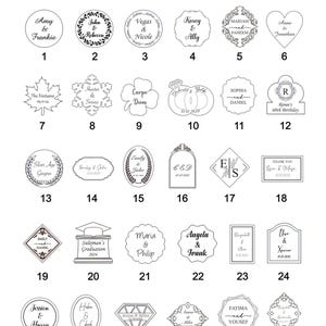 May include: A collection of thirty plexy tags with various shapes and designs. Each tag features names, dates, or phrases, such as "Amy & Frankie," "John & Rebecca," and "Sulejman's Graduation 2024." The tags are in black and white.