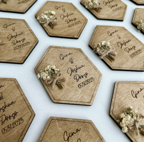 Wood Rustic Magnet Favor, Wedding Magnet, Wooden Magnet, Flowers Magnet, Hexagon Wooden Magnet, Rustic Favors Magnet