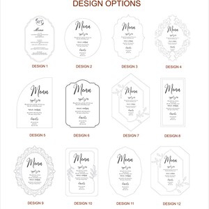May include: Twelve different design options for a wedding menu card. Each design features a different border and layout. The text "Menu" is displayed at the top of each design.