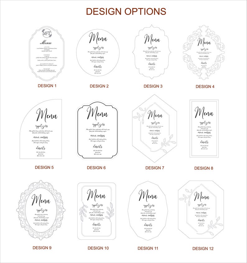 May include: Twelve different design options for a wedding menu card. Each design features a different border and layout. The text "Menu" is displayed at the top of each design.