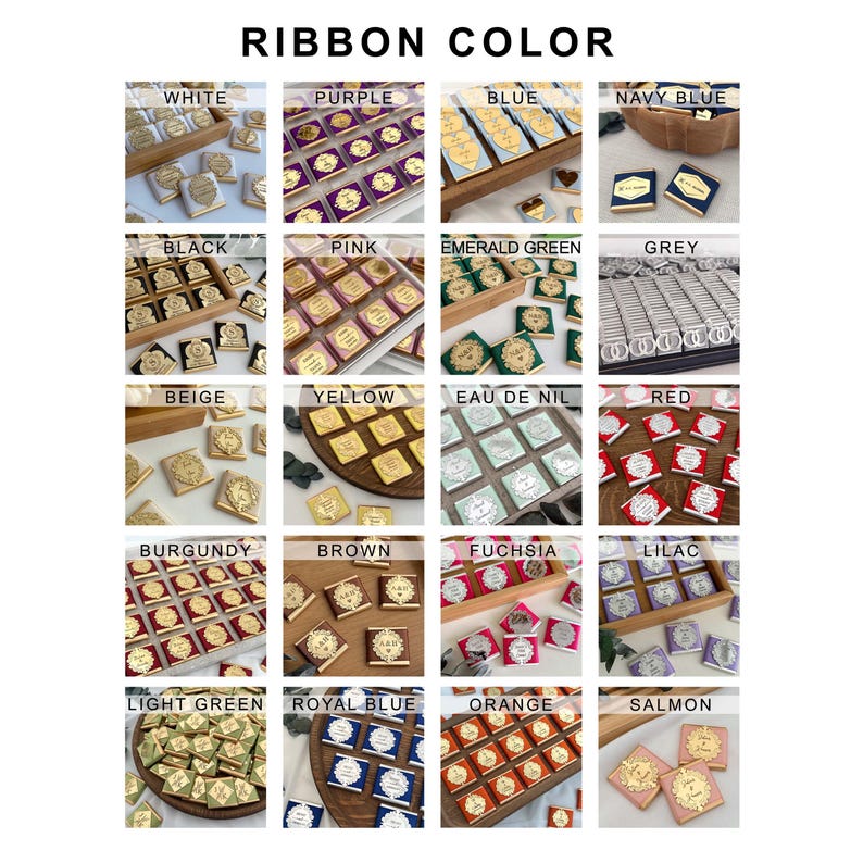 May include: A grid of small, square gifts with gold foil accents and ribbon in various colors, including white, purple, blue, and navy blue. The text "RIBBON COLOR" is at the top. Each gift has a decorative design.