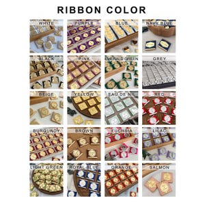 May include: A grid of small, square gifts with gold foil accents and ribbon in various colors, including white, purple, blue, and navy blue. The text "RIBBON COLOR" is at the top. Each gift has a decorative design.