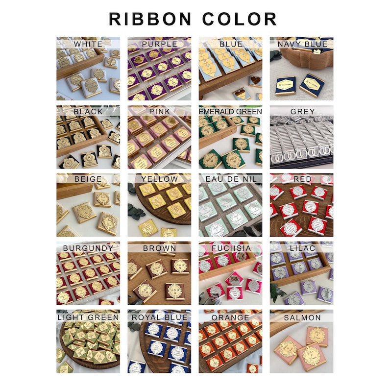 May include: A grid of small, square gifts with gold foil accents and ribbon in various colors, including white, purple, blue, and navy blue. The text "RIBBON COLOR" is at the top. Each gift has a decorative design.
