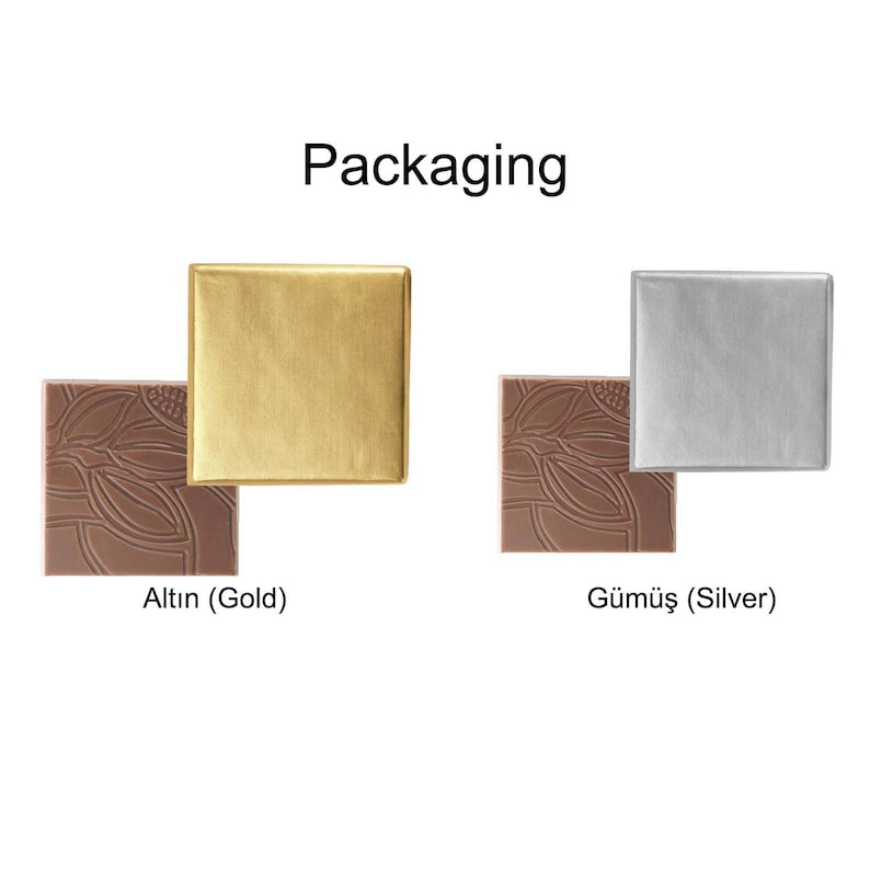 May include: Image of chocolate packaging. Two sets of chocolate squares are shown. One set has a gold square and a chocolate square with a floral design. The other set has a silver square and a chocolate square with a floral design. The word "Packaging" is at the top.