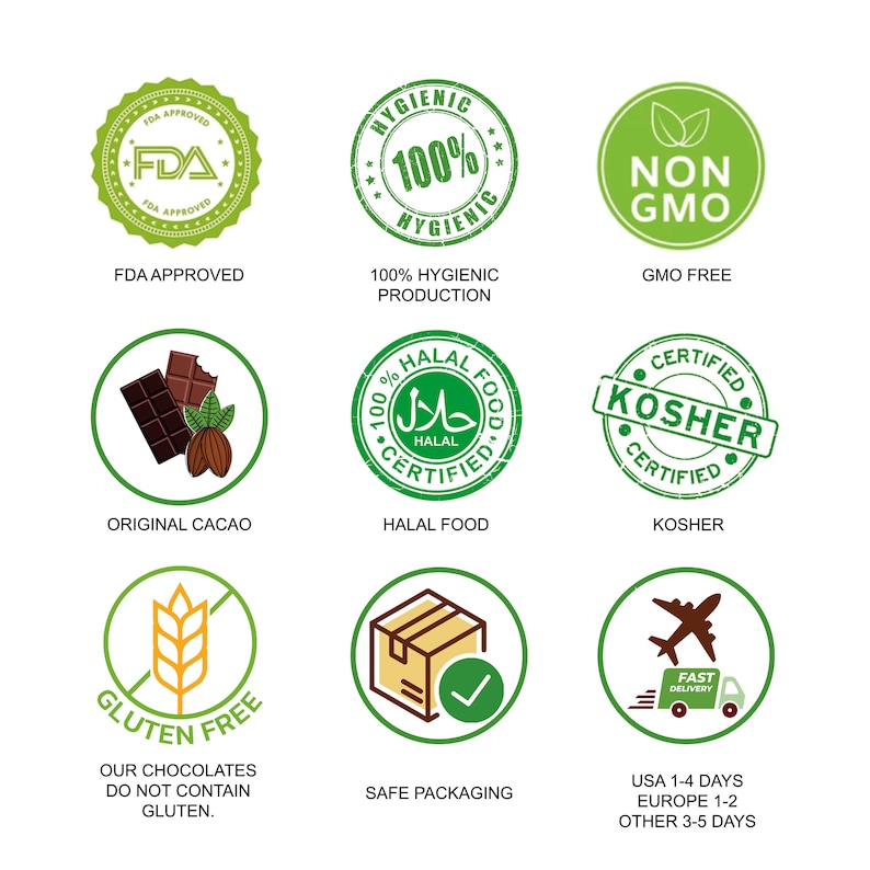 May include: A collection of green and brown circular seals and icons. The seals include "FDA Approved", "100% Hygienic Production", "GMO Free", "Original Cacao", "Halal Food", "Kosher", "Gluten Free", "Safe Packaging", and "Fast Delivery".