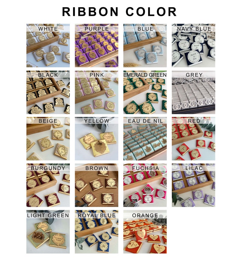K&ouml;nnte beinhalten: Eine Tabelle mit verschiedenen Bandfarben f&uuml;r Schokoladen-Geschenke. Die Farben umfassen Wei&szlig;, Lila, Blau, Marineblau, Schwarz, Rosa, Smaragdgr&uuml;n, Grau, Beige, Gelb, Nilblau, Rot, Burgunderrot, Braun, Fuchsia, Lila, Hellgr&uuml;n, K&ouml;nigsblau und Orange.