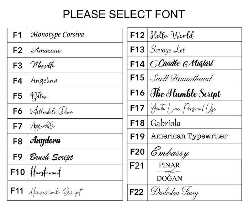 May include: A list of 22 font styles, each with a unique name, displayed in a grid. The text "PLEASE SELECT FONT" is at the top. Font examples include "Monotype Corsiva", "Amazone", "Brush Script", and "American Typewriter".
