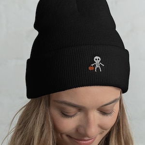 Buy Dead Fish Skeleton Embroidered Beanie, Handmade Cuffed Knit