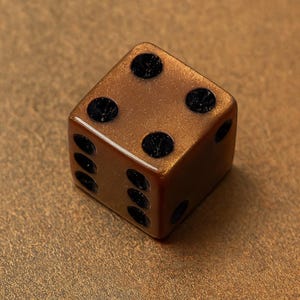 May include: A single, square die with rounded edges. The die is a warm, metallic brown color with black pips. The pips are arranged in the standard configuration, with the numbers 1 through 6 represented by the black dots.