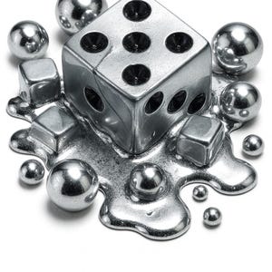 May include: A metallic silver die with black dots, surrounded by silver spheres and cubes, resting on a silver, liquid-like surface. The image is a studio shot with a white background, highlighting the reflective qualities of the objects.