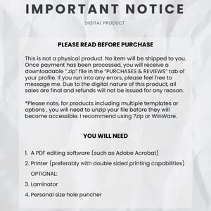 May include: A digital product notice with the title "IMPORTANT NOTICE" in a bold, black font. The text explains the product is digital, with instructions for downloading and using the files. It lists required and optional tools for use.