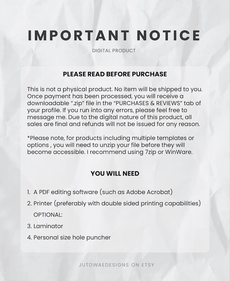 May include: A digital product notice with the title "IMPORTANT NOTICE" in a bold, black font. The text explains the product is digital, with instructions for downloading and using the files. It lists required and optional tools for use.