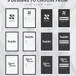 May include: Nine designs are displayed, each with a front and back option. The designs feature text and logos, including "Xdinary Heroes" and "Beautiful Mind." The color scheme is primarily black and white, with a minimalist aesthetic.
