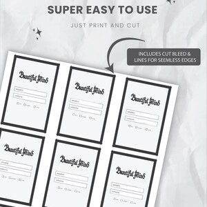 May include: A sheet of printable cards with the text "Beautiful Mind" in a decorative font. Each card has fields for "Member" and "Version" with checkboxes. The text "Super Easy to Use" and "Just Print and Cut" are at the top.