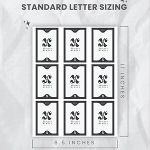 May include: Nine black and white cards arranged in a grid, each featuring a stylized logo and the text "XDINARY HEROES." The cards are 8.5 inches wide and 11 inches tall. The words "STANDARD LETTER SIZING" are at the top.