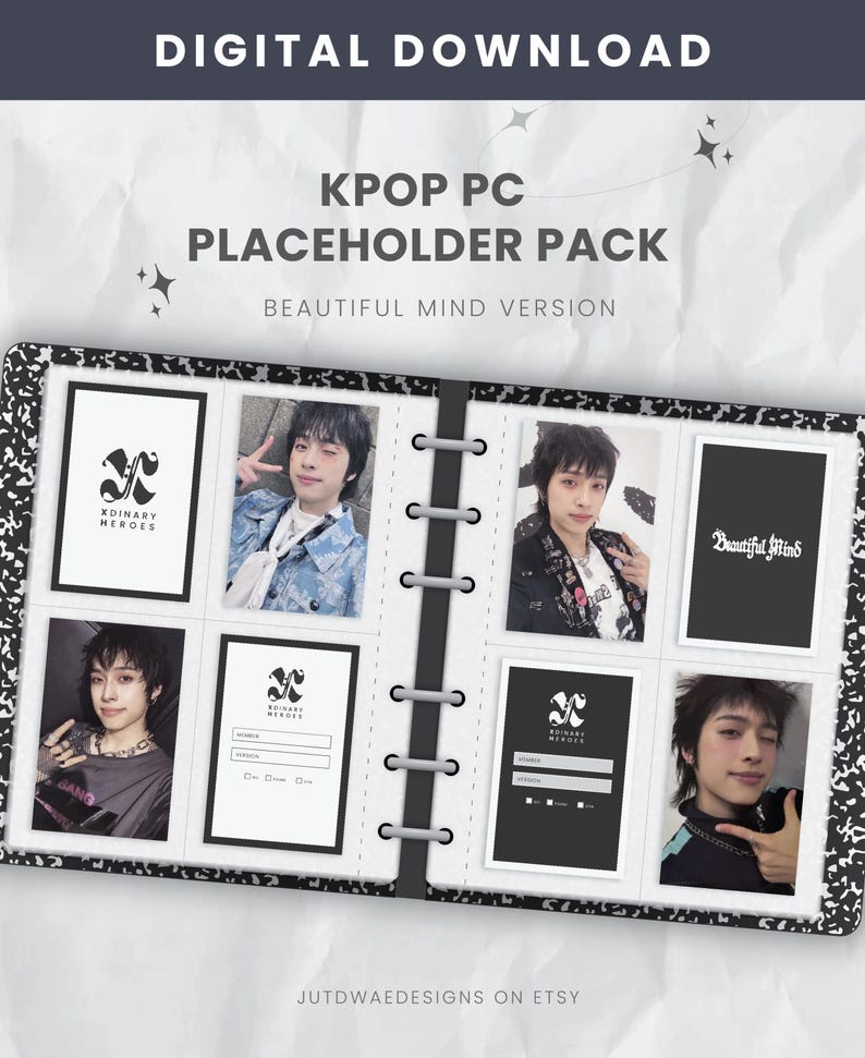 May include: A digital download featuring a KPOP PC placeholder pack. The open notebook displays photos and cards with the text "XDINARY HEROES" and "Beautiful Mind Version". The notebook has a black and white speckled cover.