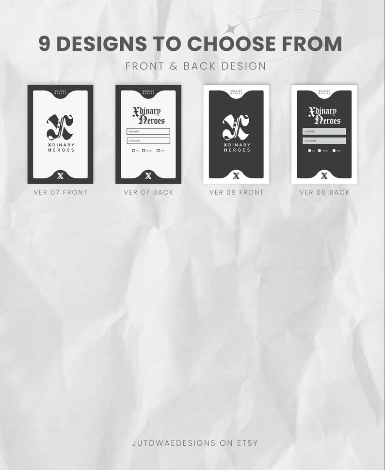 May include: Image showcasing four designs from a collection, each featuring a black and white color scheme. The designs include front and back options, with the text "Xdinary Heroes" and the phrase "9 Designs to Choose From". The Etsy shop name "JUTDWAEDESIGNS ON ETSY" is also visible.