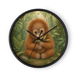 May include: A round wall clock with a black frame featuring an illustration of a fluffy brown orangutan sitting in a lush green jungle environment. The clock face includes black hour, minute, and second hands positioned over the orangutan image.