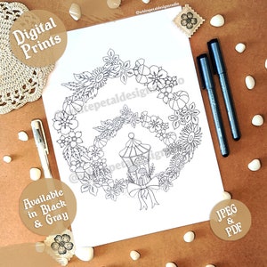 May include: Black and white printable coloring page featuring a wreath of flowers, leaves, and pumpkins surrounding a lantern with mushrooms. The text "Digital Prints" is at the top of the page and "Available in Black & Gray" is at the bottom left. The text "JPEG & PDF" is at the bottom right.