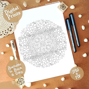 Mandala Floral | Downloads Digitais e Imprimíveis | Desenhos para Colorir para Adultos | Disponível em Preto e Cinza 11,7&#39;&#39; x 8,3&#39;&#39;