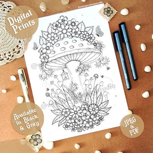Mashroom - Floral Coloring Page | Instant Digital Download | 3 variations