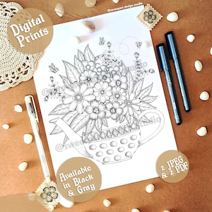 Teapot Flower Vase | Coloring Pages | Instant Digital Download in Black & Gray