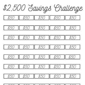 May include: A printable savings challenge chart with 50 boxes, each labelled with £50. The chart is designed to help people save £2,500.