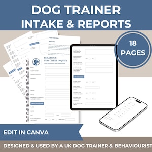 Modelli per attività di addestramento cani: acquisizione clienti, report comportamentali (Canva e PDF)
