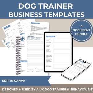 Plantillas para empresas de adiestramiento canino: registro de clientes, informe y política de privacidad (Canva y descarga en PDF)