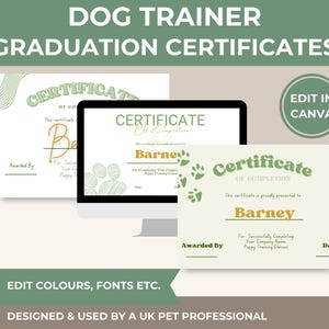 Plantilla de certificado de adiestramiento canino: Finalización de clase de obediencia (Editable en Canva, descarga instantánea)