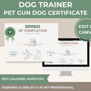 Pet Gun Dog Training Certificate Template, Canva Editable (Digital Download)