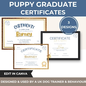 Dog Training Certificate Templates: Editable Canva Design (Digital Download