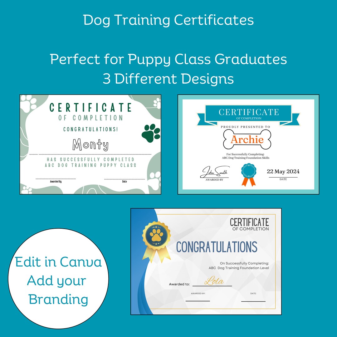 Dog Training Certificate of Completion Dog Obedience Classes 3 ...