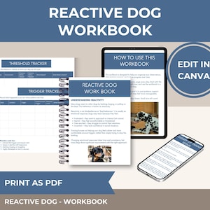May include: A digital reactive dog workbook displayed on a tablet and smartphone, featuring printed pages with a threshold tracker, trigger tracker, and training instructions. The workbook includes text, dog photographs, and a circular badge stating Edit in Canva.