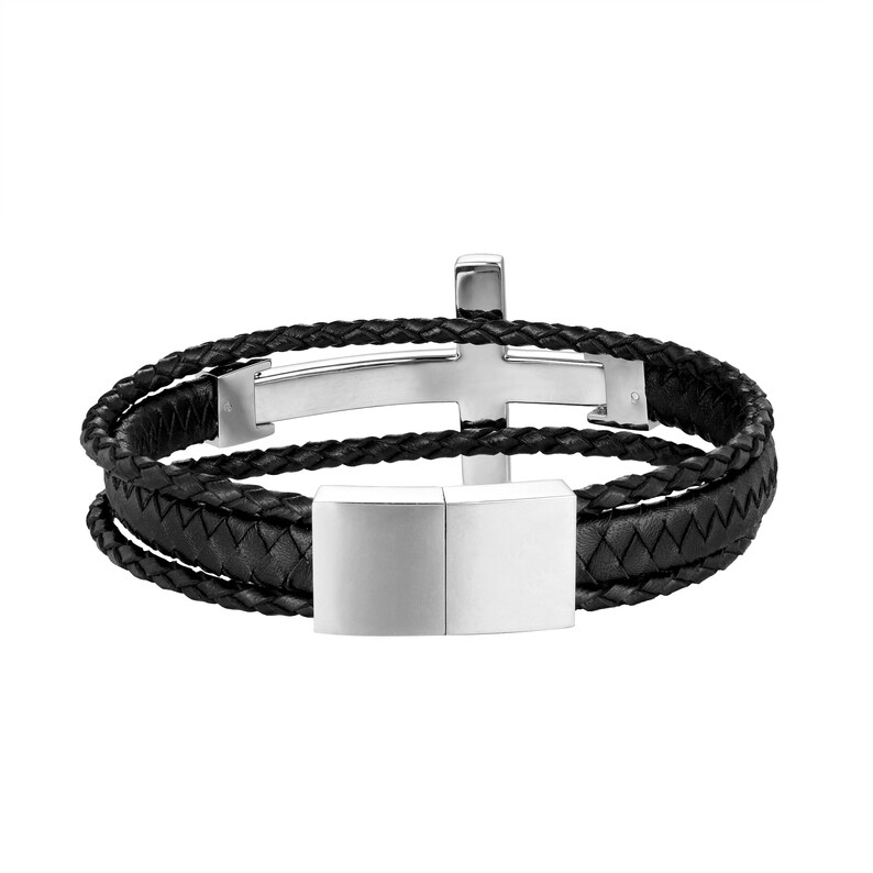 Trendy Mens Black Leather Bracelet, Gold or Silver Color Cross Charm