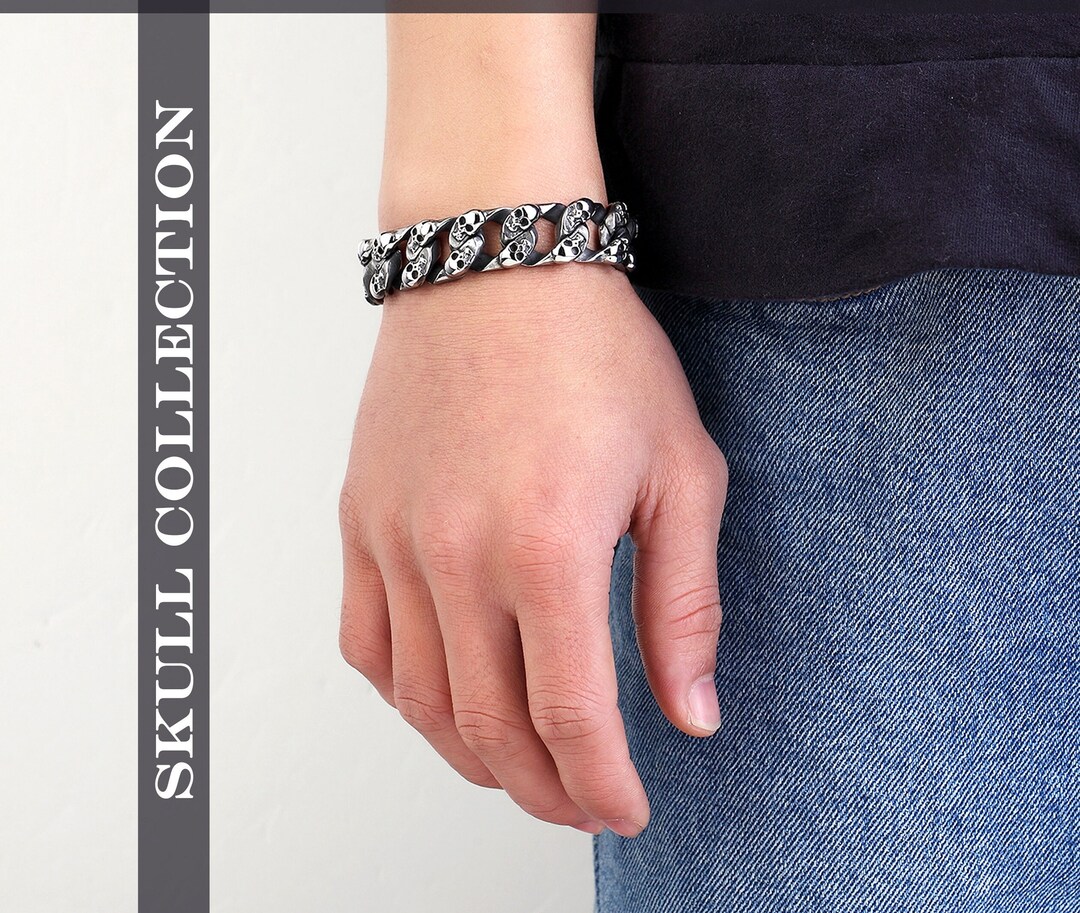 Men's Skull Bracelet Silver Chain Bracelet Stainless Etsy UK