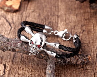 Black Leather Bracelet with Stainless Steel Silver Color Skull Pendant Jewelry for Men