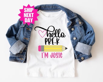 Camiseta Pre-K, Hola Pre-K, Atuendo para el primer día de clases, Camiseta con nombre personalizado, Camiseta de regreso a clases, Camiseta del primer día de preescolar, Camiseta Pre-K