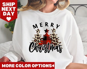 Merry Christmas Shirt, Cute Christmas Tees, Women Holiday Shirt, Leopard Print Christmas Tree Shirt, Christmas Shirt, Christmas Family Shirt