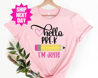 Camiseta Pre-K, Hola Pre-K, Atuendo para el primer día de clases, Camiseta con nombre personalizado, Camiseta de regreso a clases, Camiseta del primer día de preescolar, Camiseta Pre-K