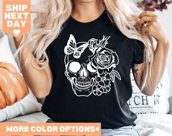 Halloween Skull Shirt, Floral Skull Tee, Skeleton Shirt, Halloween Tee, Skull Tee, Floral Skull Shirt