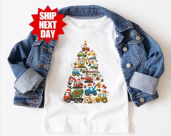Trucks Christmas Tree Sweatshirt, Kids Excavator Christmas Shirt, Kids Holiday Sweater, Kids Christmas Shirt, Construction Toddler Shirt