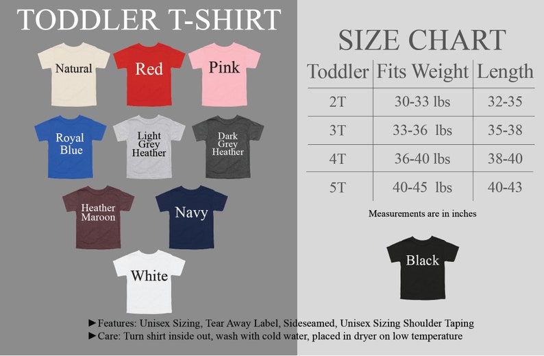 a t - shirt size chart for toddler's t - shirts