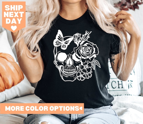 Halloween Skull Shirt, Floral Skull Tee, Skeleton Shirt, Halloween Tee, Skull Tee, Floral Skull Shirt