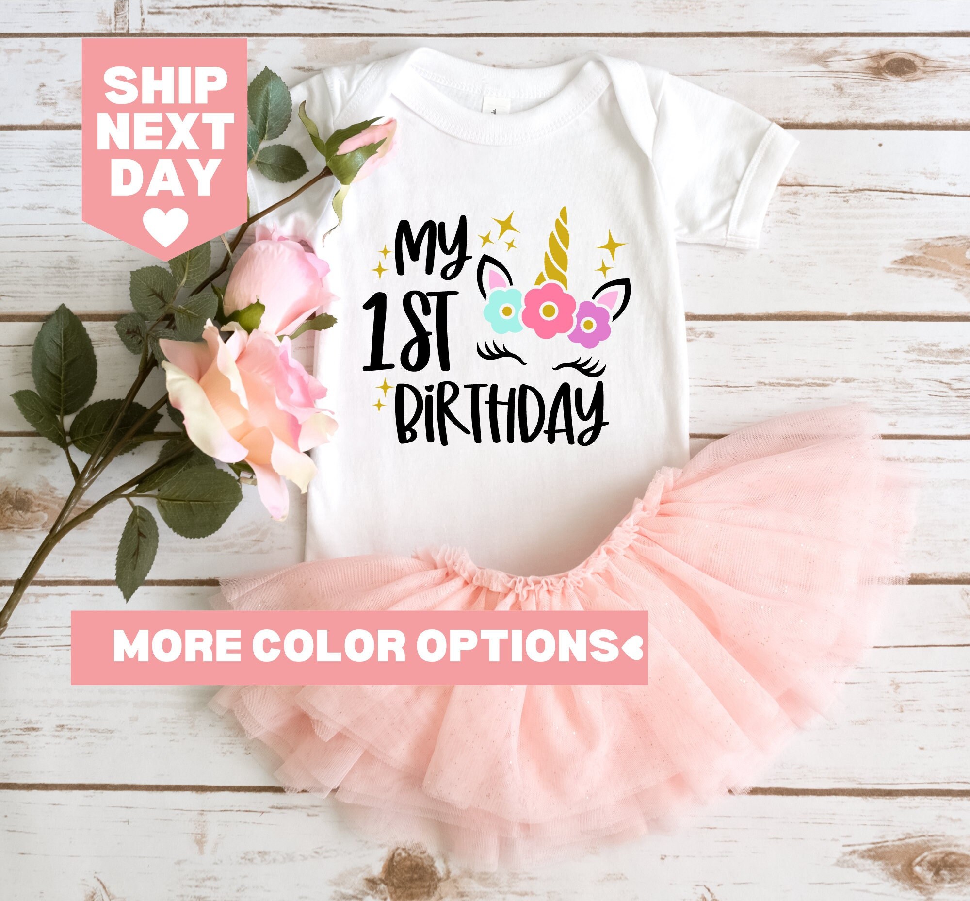 Girl's First Birthday Unicorn Shirt - Glitter Silver 12-18 Months Outfit