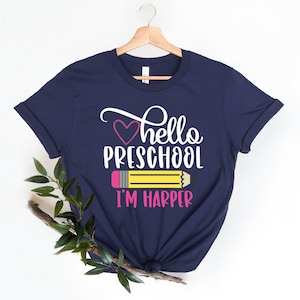 Koszulka przedszkolna, Hello Preschool, Pierwszy dzień w szkole, Strój, Spersonalizowana koszulka z imieniem, Powrót do szkoły, Koszulka pierwszego dnia w przedszkolu, Koszulka dla przedszkolaków zdjęcie 5