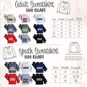 Puede incluir: Tabla de tallas para sudaderas para adultos y j&oacute;venes. La tabla muestra diferentes colores de sudaderas, incluyendo arena, rosa claro, blanco, gris oscuro, verde militar, azul marino, rojo, gris deportivo y negro. La tabla tambi&eacute;n incluye medidas de ancho, largo y largo de manga en pulgadas.